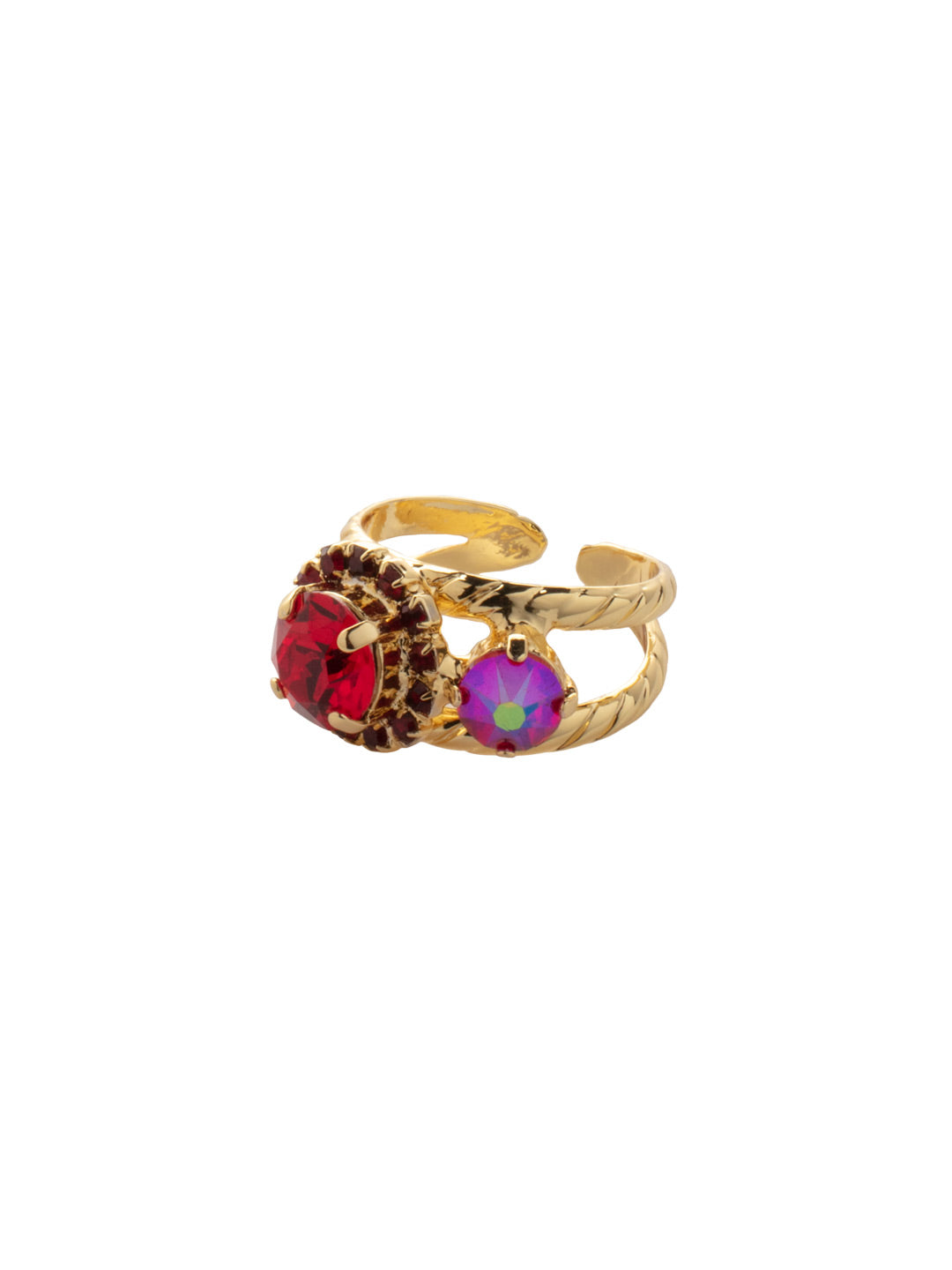 Haute Halo Stacked Ring - REY10BGCB - <p>Two round halo set crystals form on an adjustable stacked ring band From Sorrelli's Cranberry collection in our Bright Gold-tone finish.</p>