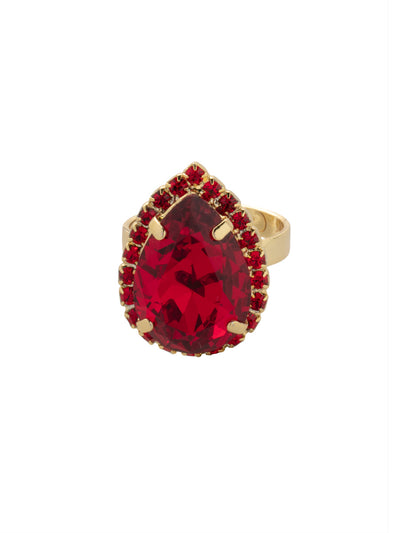 Giselle Pear Cocktail Ring - RFC80BGCB - <p>The Giselle Pear Cocktail Ring features a halo pear cut crystal on an adjustable band. From Sorrelli's Cranberry collection in our Bright Gold-tone finish.</p>