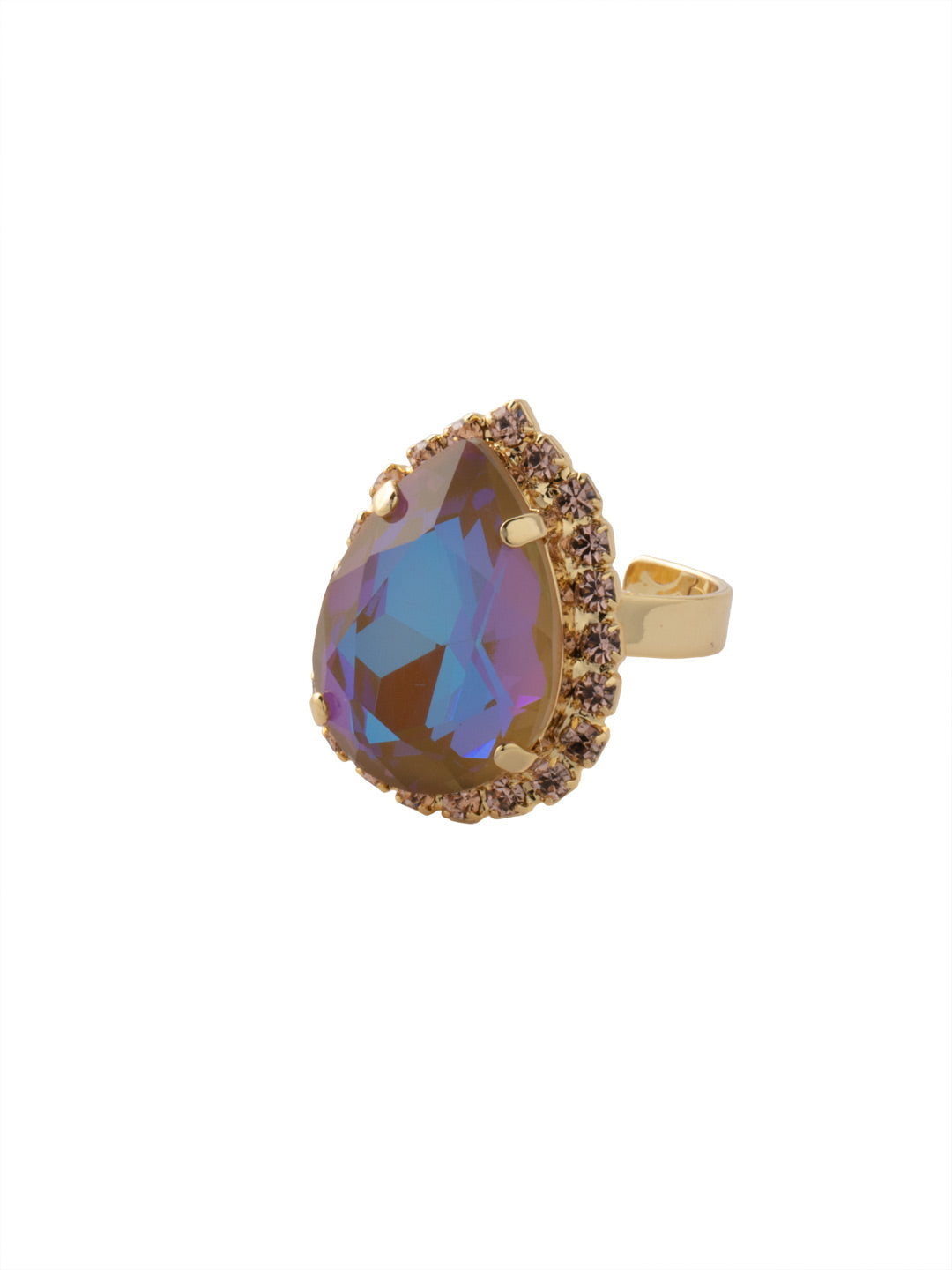 Giselle Pear Cocktail Ring - RFC80BGRSU - <p>The Giselle Pear Cocktail Ring features a halo pear cut crystal on an adjustable band. From Sorrelli's Raw Sugar collection in our Bright Gold-tone finish.</p>