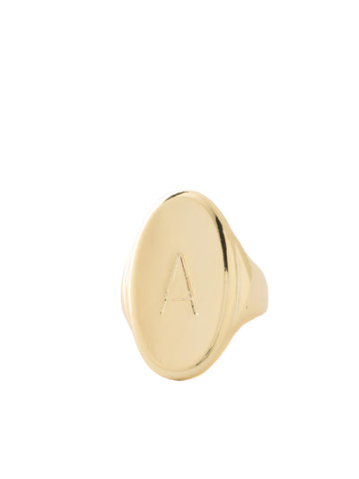 "A" Signet Statement Ring - RFK30BGMTL - <p>The Signet Statement Ring features a capital letter stamped into an oblong metal disk on an adjustable ring band. From Sorrelli's Bare Metallic collection in our Bright Gold-tone finish.</p>