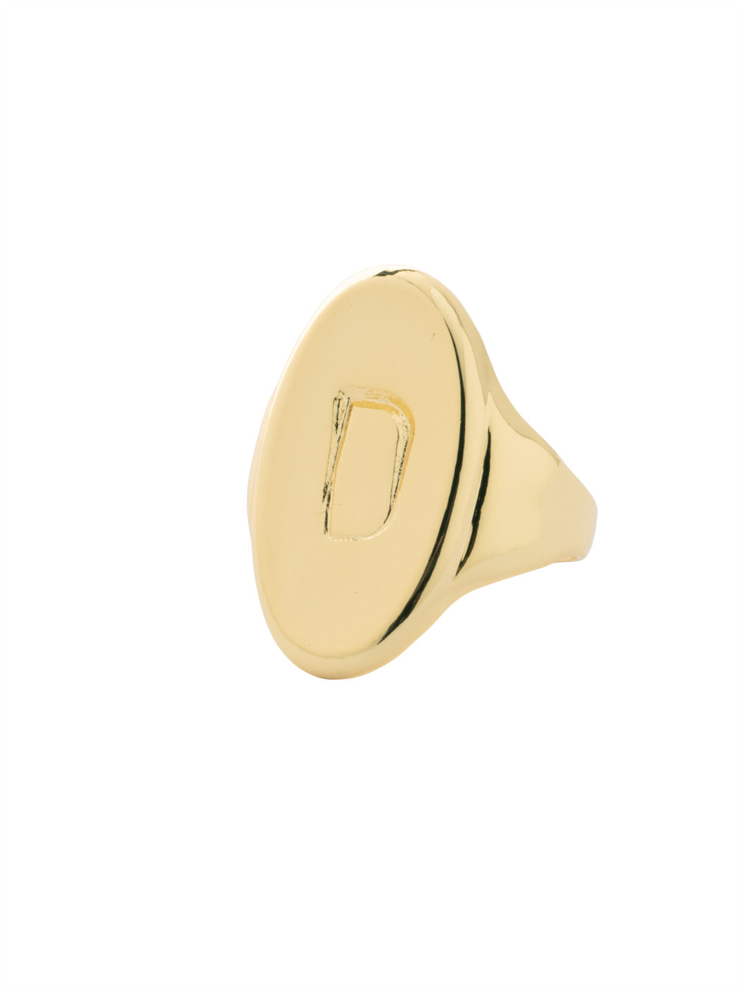 D Signet Statement Ring - RFK33BGMTL - <p>The Signet Statement Ring features a capital letter stamped into an oblong metal disk on an adjustable ring band. Adjustable to fit ring sizes 6-8. From Sorrelli's Bare Metallic collection in our Bright Gold-tone finish.</p>