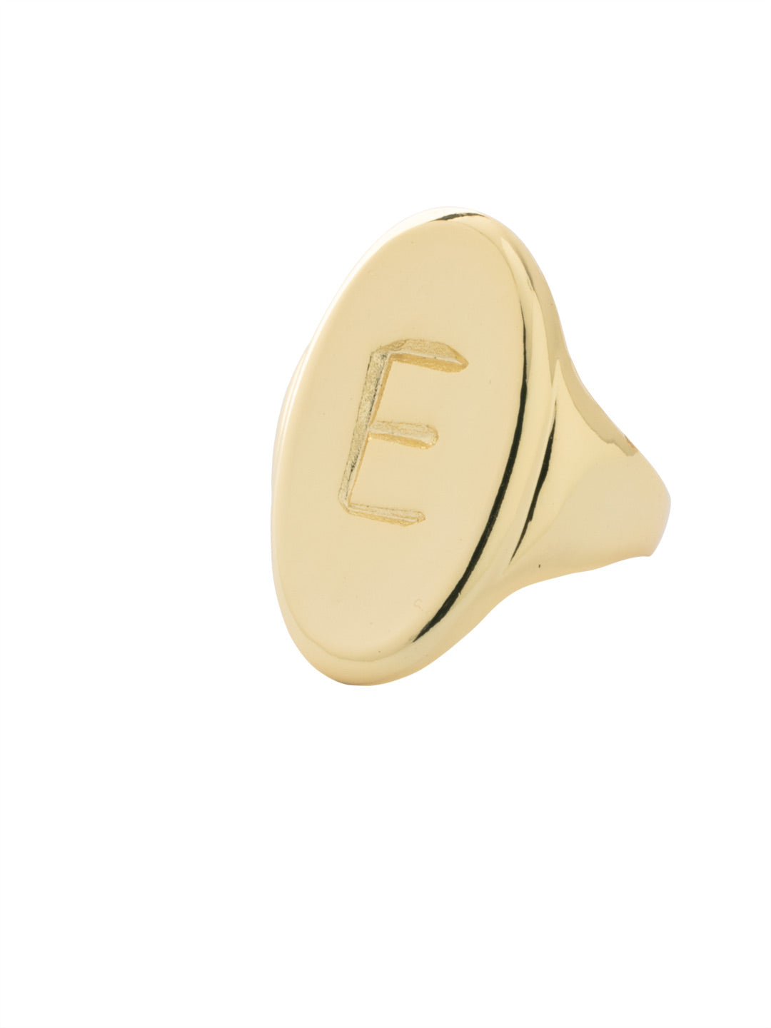 "E" Signet Statement Ring - RFK34BGMTL - <p>The Signet Statement Ring features a capital letter stamped into an oblong metal disk on an adjustable ring band. From Sorrelli's Bare Metallic collection in our Bright Gold-tone finish.</p>