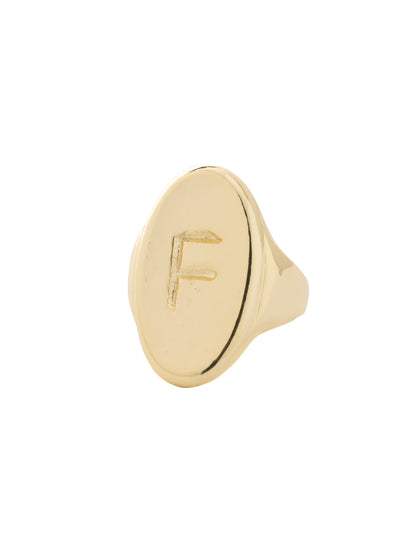 "F" Signet Statement Ring - RFK35BGMTL - <p>The Signet Statement Ring features a capital letter stamped into an oblong metal disk on an adjustable ring band. From Sorrelli's Bare Metallic collection in our Bright Gold-tone finish.</p>