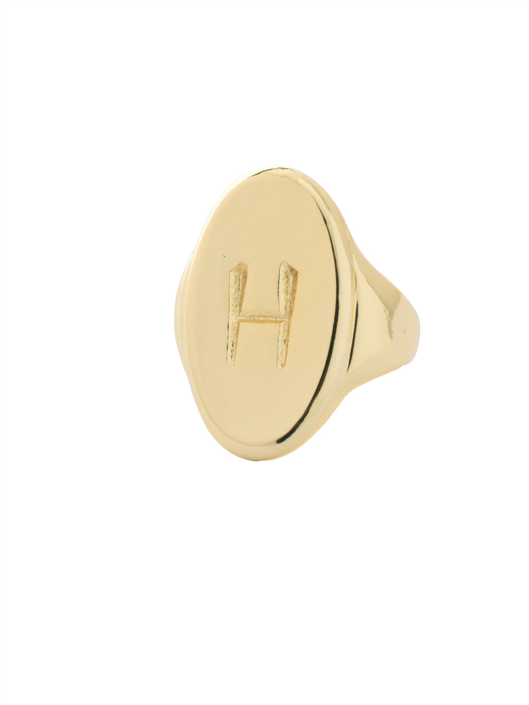 "H" Signet Statement Ring - RFK37BGMTL - <p>The Signet Statement Ring features a capital letter stamped into an oblong metal disk on an adjustable ring band. From Sorrelli's Bare Metallic collection in our Bright Gold-tone finish.</p>