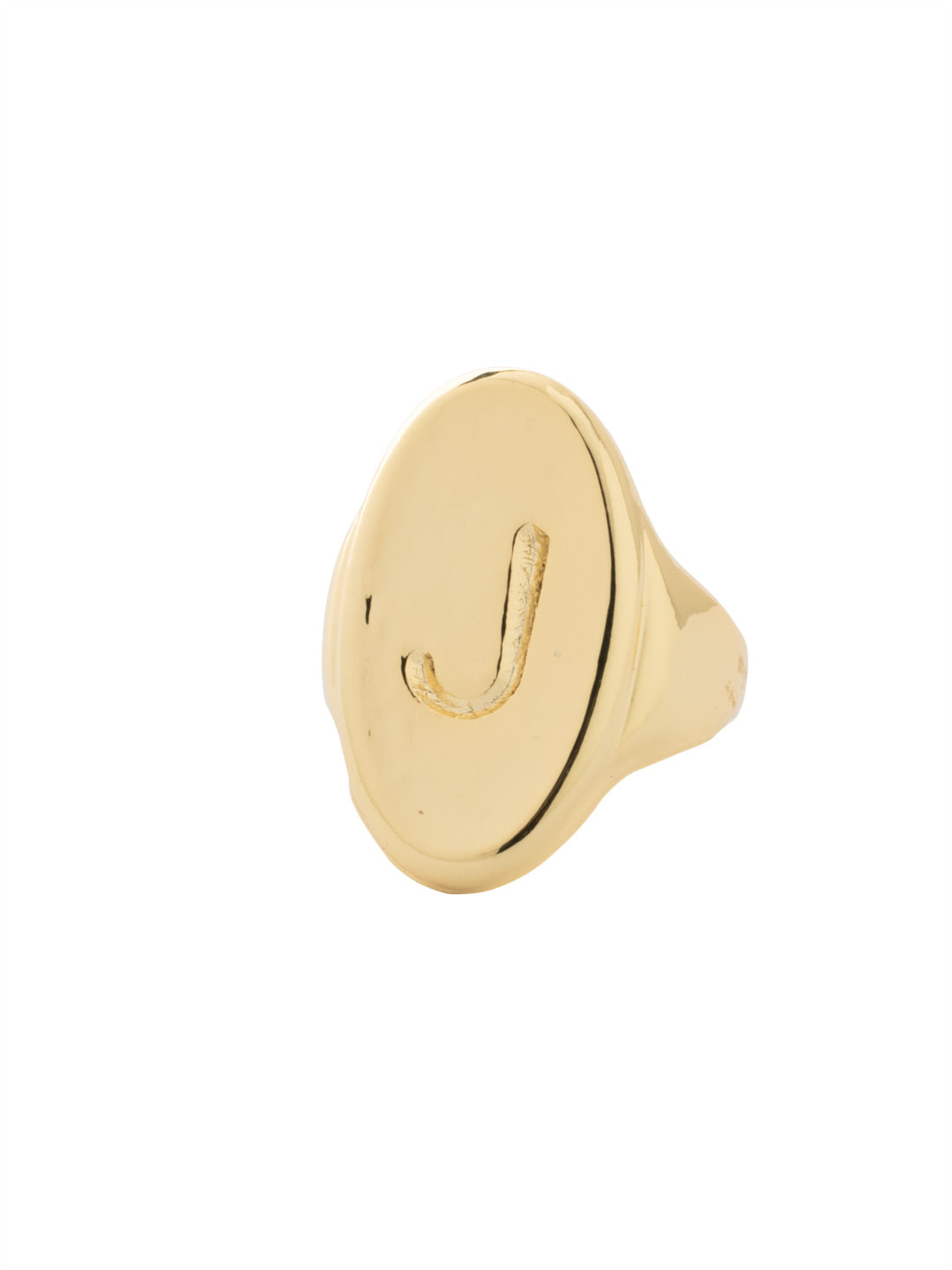"J" Signet Statement Ring - RFK39BGMTL - <p>The Signet Statement Ring features a capital letter stamped into an oblong metal disk on an adjustable ring band. From Sorrelli's Bare Metallic collection in our Bright Gold-tone finish.</p>