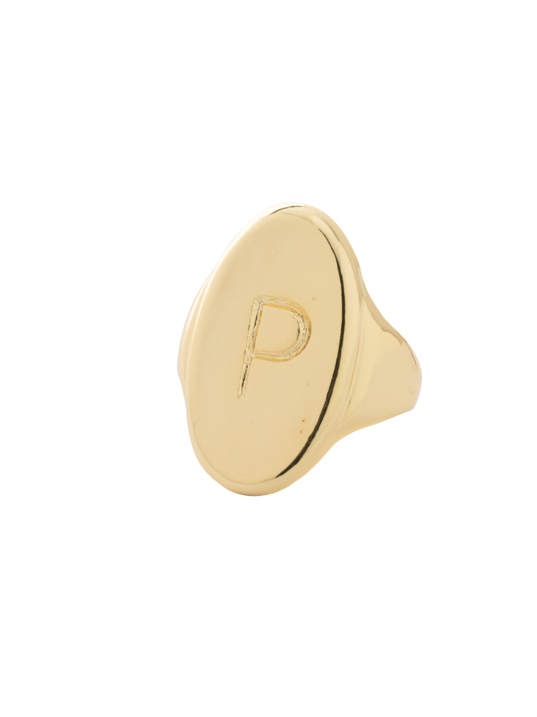 "P" Signet Statement Ring - RFK45BGMTL - <p>The Signet Statement Ring features a capital letter stamped into an oblong metal disk on an adjustable ring band. From Sorrelli's Bare Metallic collection in our Bright Gold-tone finish.</p>
