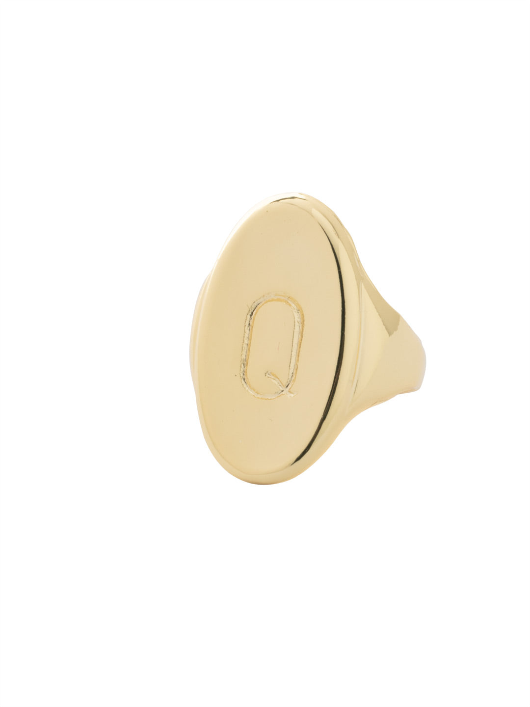 "Q" Signet Statement Ring - RFK46BGMTL - <p>The Signet Statement Ring features a capital letter stamped into an oblong metal disk on an adjustable ring band. From Sorrelli's Bare Metallic collection in our Bright Gold-tone finish.</p>