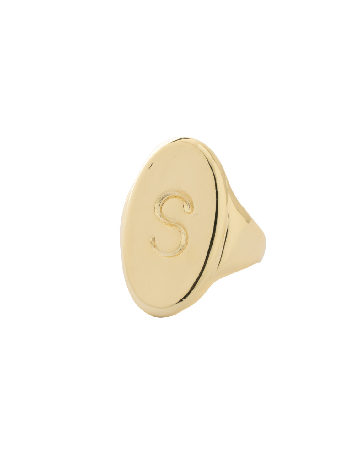 "S" Signet Statement Ring - RFK48BGMTL - <p>The Signet Statement Ring features a capital letter stamped into an oblong metal disk on an adjustable ring band. From Sorrelli's Bare Metallic collection in our Bright Gold-tone finish.</p>
