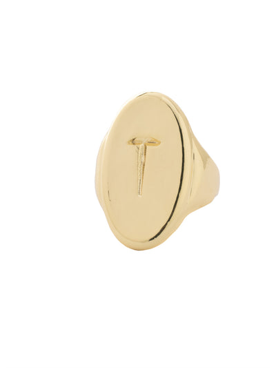 "T" Signet Statement Ring - RFK49BGMTL - <p>The Signet Statement Ring features a capital letter stamped into an oblong metal disk on an adjustable ring band. From Sorrelli's Bare Metallic collection in our Bright Gold-tone finish.</p>