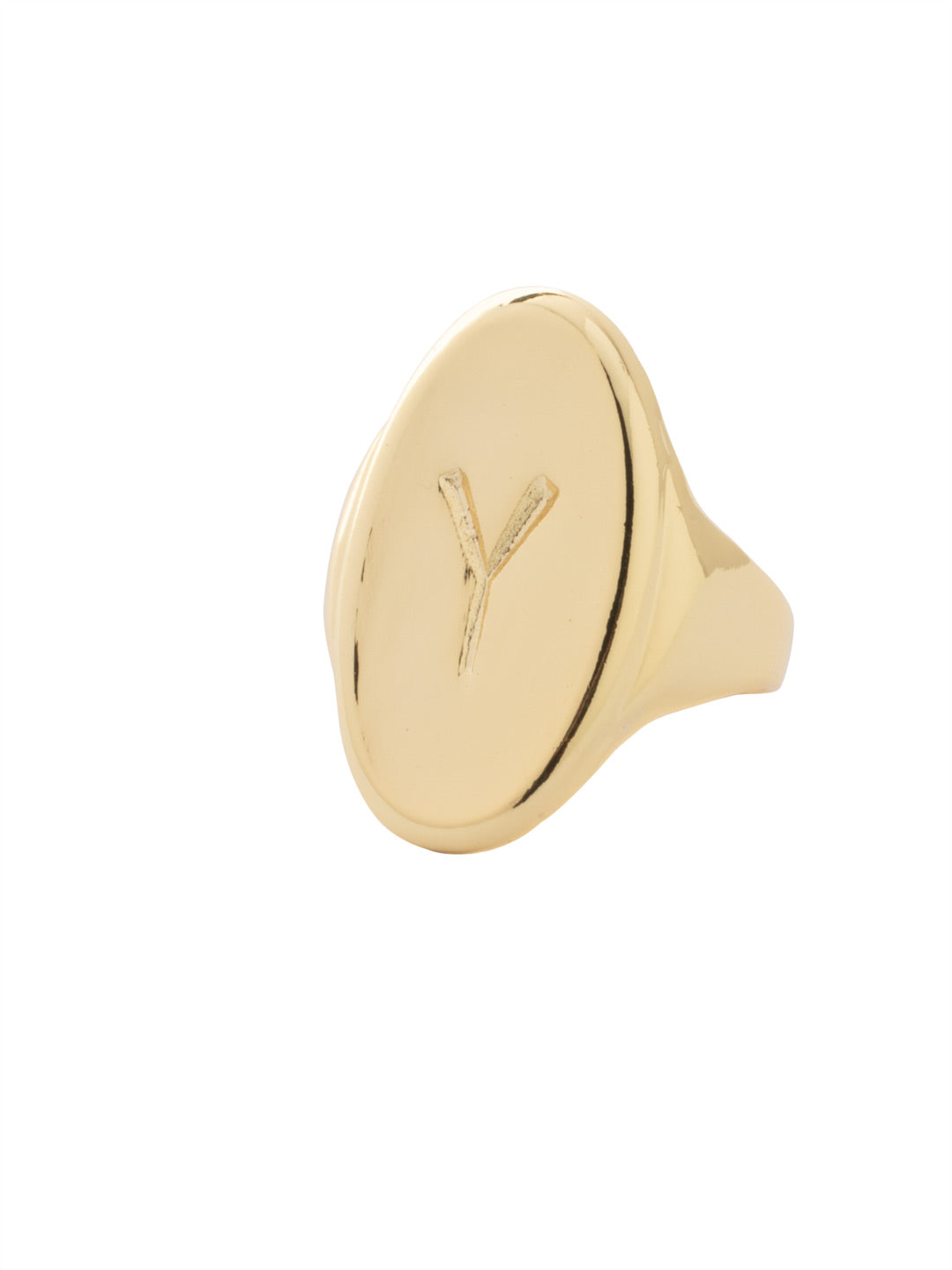 "Y" Signet Statement Ring - RFK54BGMTL - <p>The Signet Statement Ring features a capital letter stamped into an oblong metal disk on an adjustable ring band. From Sorrelli's Bare Metallic collection in our Bright Gold-tone finish.</p>