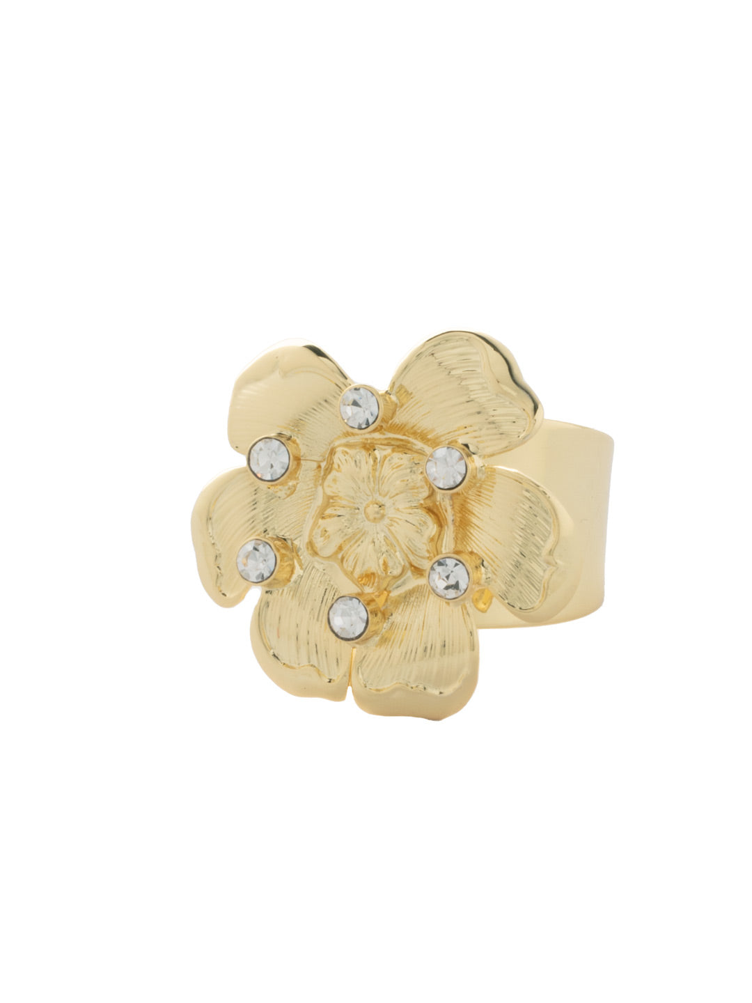 Fleur Embellished Cocktail Ring - RFL12BGCRY - <p>The Fleur Embellished Cocktail Ring features a crystal embellished flower on an adjustable metal band. From Sorrelli's Crystal collection in our Bright Gold-tone finish.</p>
