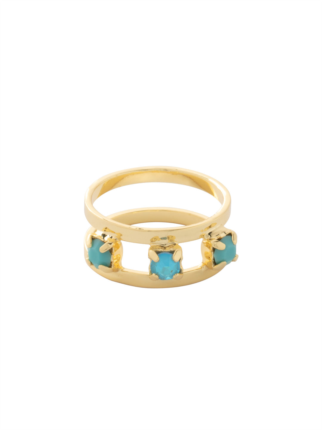 Aerie Stacked Ring - RFM6BGPRT - <p>The Aerie Stacked Ring features three studded round cut crystals nestled between two closed ring bands, creating a trendy stacked ring look. (ring size 7) From Sorrelli's Portofino collection in our Bright Gold-tone finish.</p>