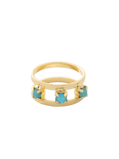 Aerie Stacked Ring - RFM6BGPRT - <p>The Aerie Stacked Ring features three studded round cut crystals nestled between two closed ring bands, creating a trendy stacked ring look. (ring size 7) From Sorrelli's Portofino collection in our Bright Gold-tone finish.</p>